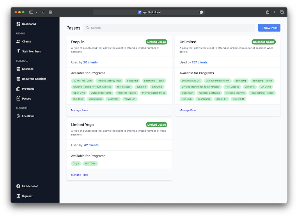 Fitnito Dashboard Passes and Programs