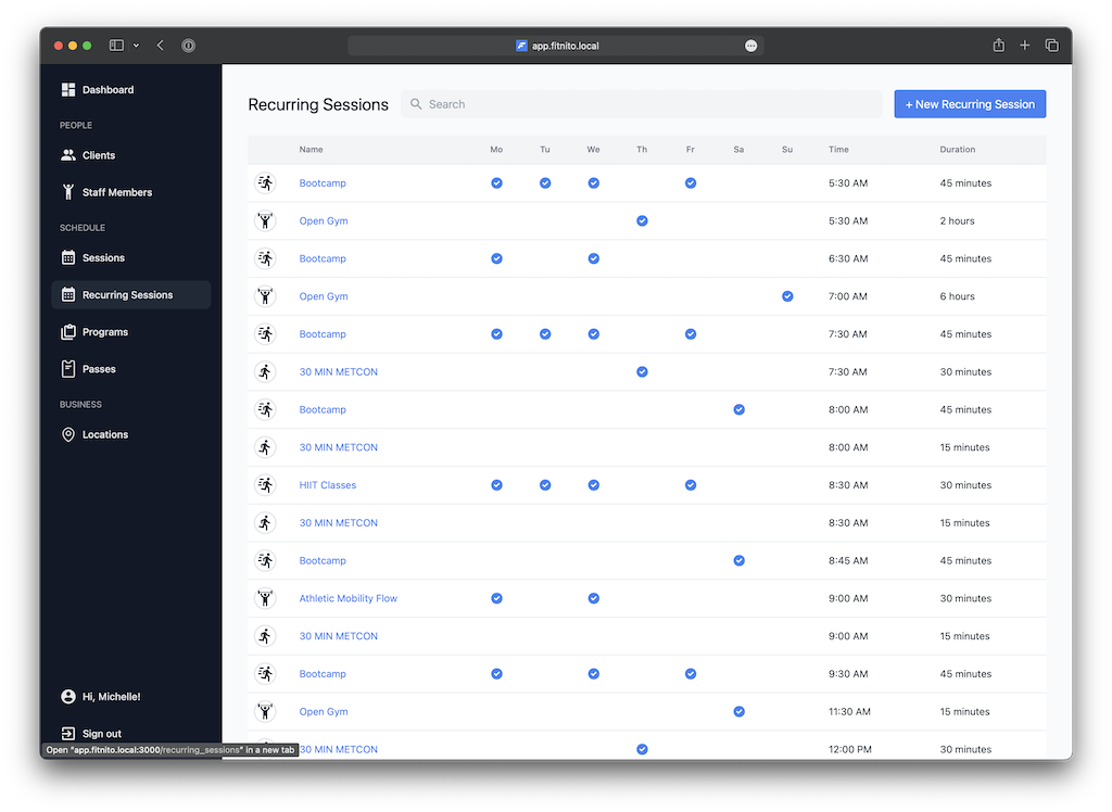 Finito Dashboard Recurring Sessions